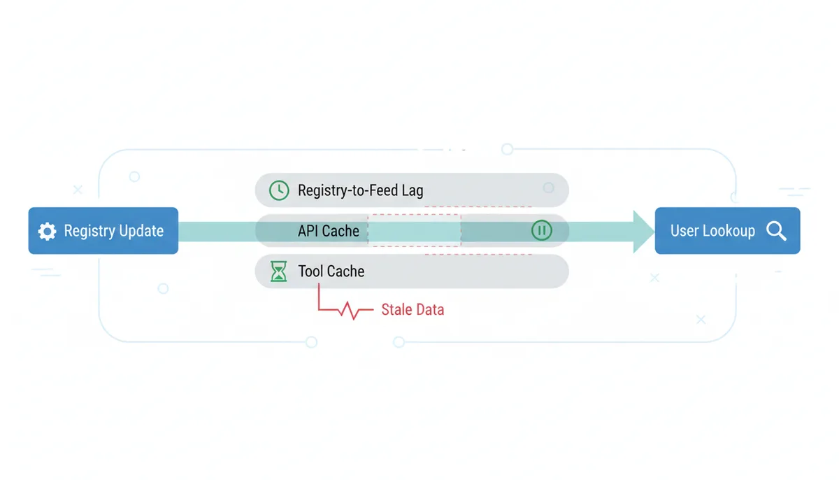 A diagram showing a timeline with three layers of delay between a registry update and a user's WHOIS lookup. These layers are labeled 'Registry-to-Feed Lag', 'API Cache', and 'Tool Cache', each contributing to potential data staleness.