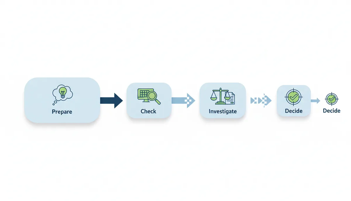 A four-stage horizontal flow diagram. Stage 1: Prepare (lightbulb icon). Stage 2: Check (magnifying glass icon). Stage 3: Investigate (document icon). Stage 4: Decide (checkmark icon). Arrows connect the stages, and the flow narrows, indicating a filtering process.