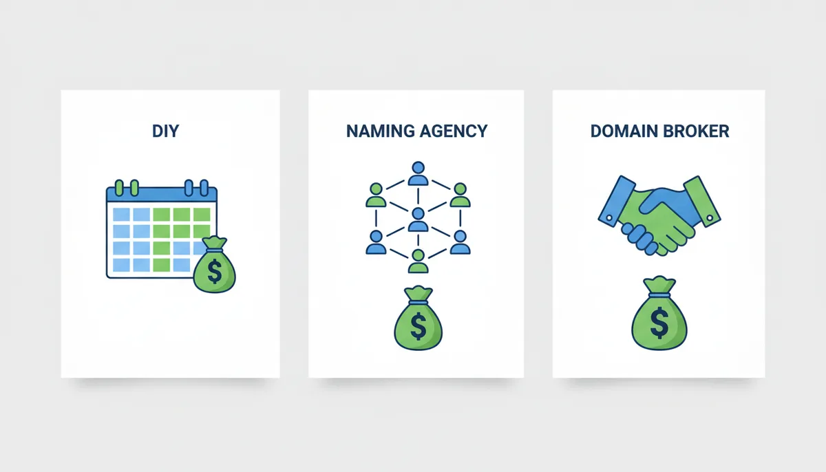 A comparison diagram with three columns. DIY column: spreadsheet and small money bag icons. Naming Agency column: group of figures and medium money bag icons. Domain Broker column: handshake and large money bag icons. Each column represents a different level of help for domain vetting.