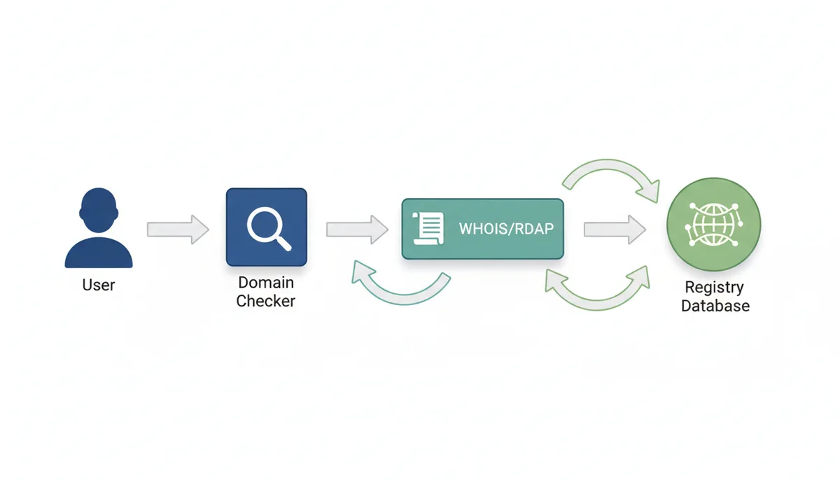 Flowchart showing the domain query process: User -> Domain Checker -> WHOIS/RDAP -> Registry Database -> Domain Checker -> User.