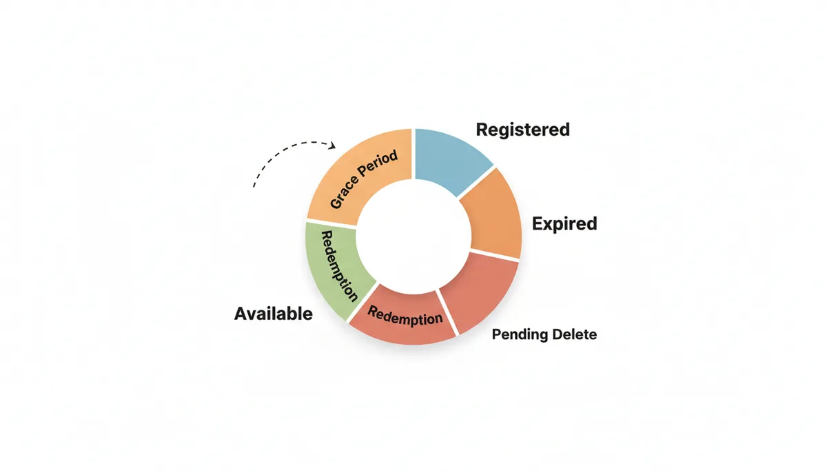 Circular diagram illustrating the domain lifecycle: Registered, Expired, Grace Period, Redemption, Pending Delete, and Available, in a continuous loop.