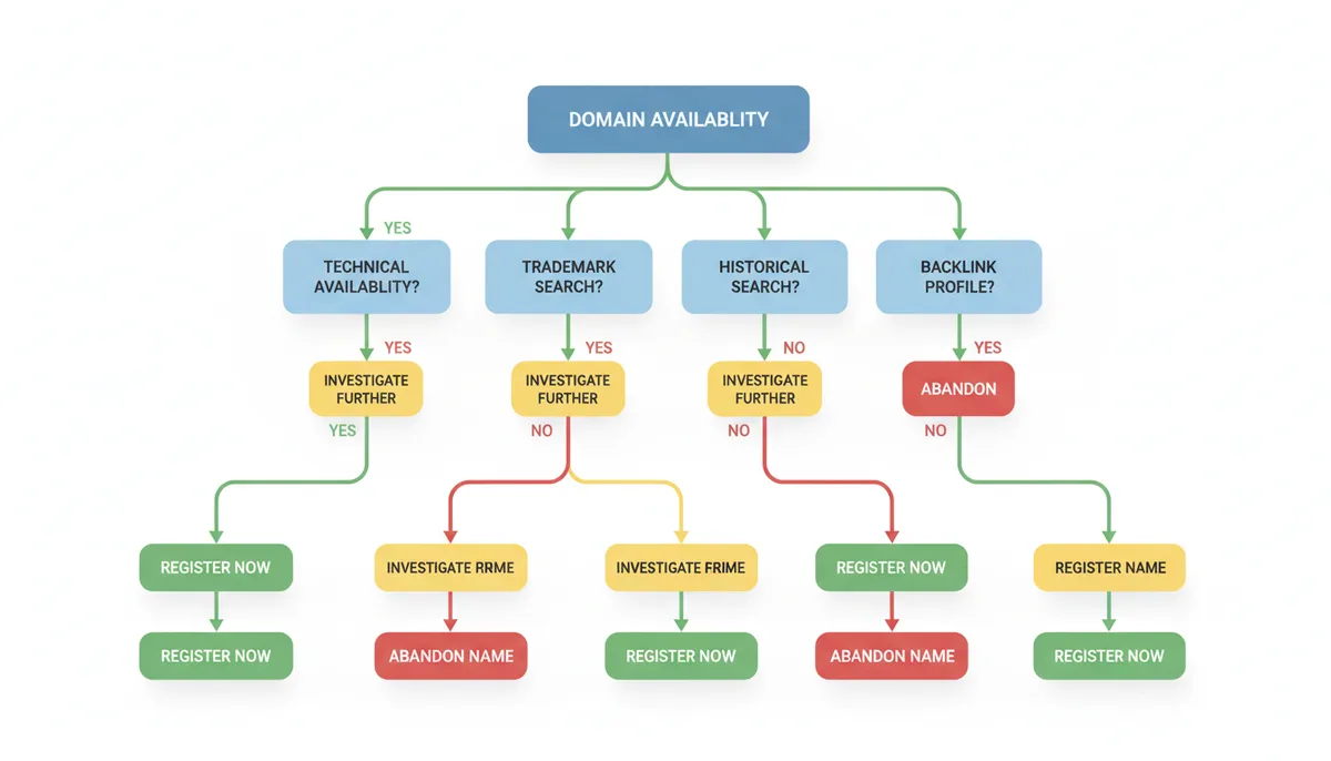 Decision tree flowchart starting with 'Domain Availability' and branching through 'Technical Availability?', 'Trademark Search?', 'Historical Search?', and 'Backlink Profile?', leading to outcomes of 'Register Now', 'Investigate Further', or 'Abandon Name'.