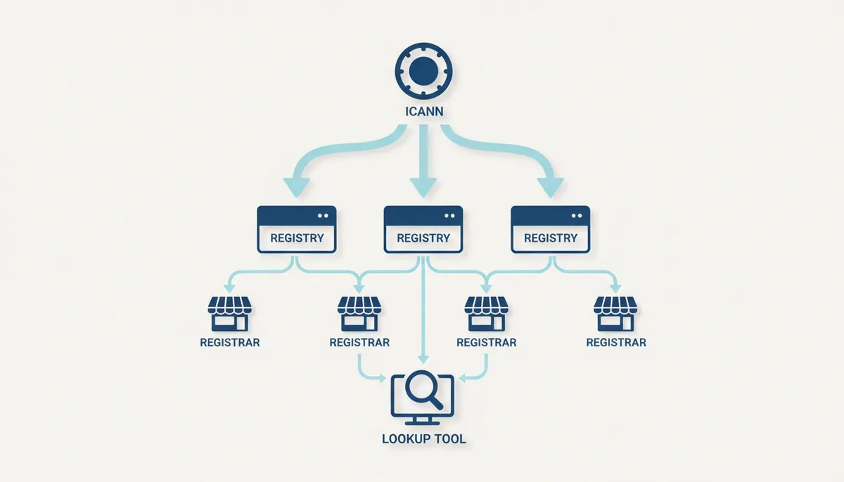 A hierarchical diagram showing data flow: ICANN at the top, connecting to multiple Registries, which connect to multiple Registrars, and finally to a user's domain lookup tool, all connected by downward-pointing arrows.