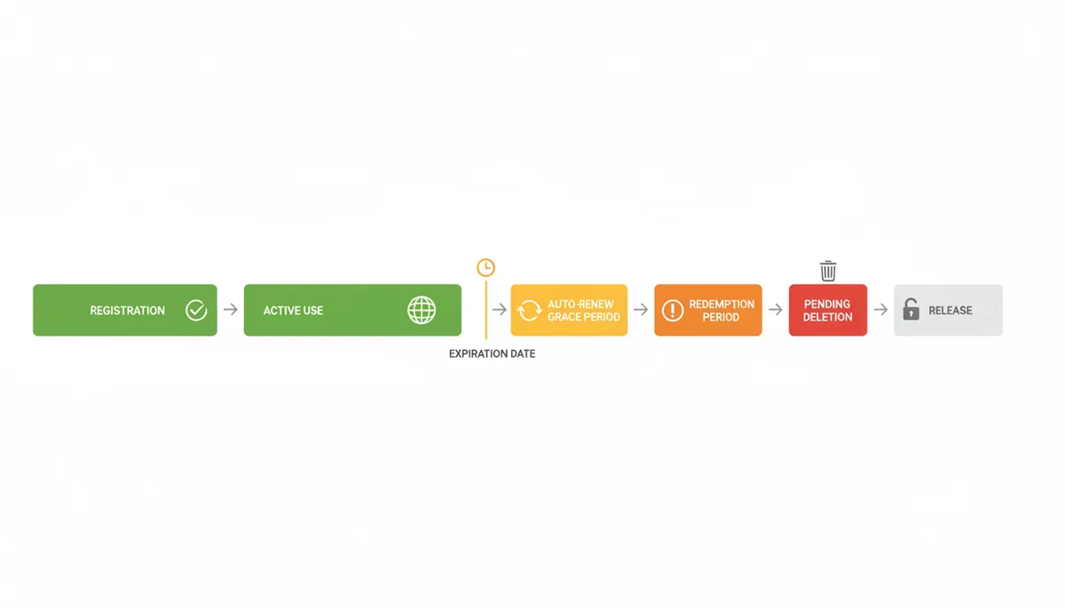 A horizontal timeline illustrating the domain lifecycle: Registration, Active Use, Expiration Date, Auto-Renew Grace Period, Redemption Period, Pending Deletion, and Release, each stage marked with a different color and icon.
