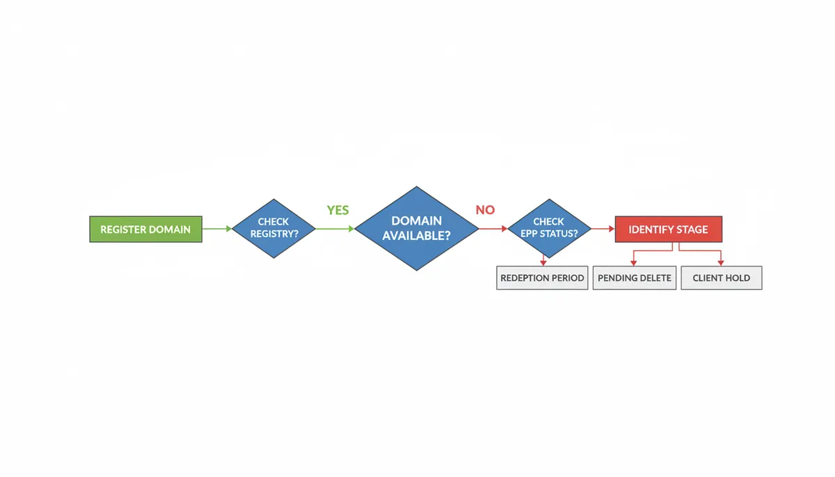 A decision tree flowchart starting with 'Does the domain seem available?', branching to actions like 'Check direct registry WHOIS' or 'Identify lifecycle stage based on EPP status codes', guiding the user to determine the true domain status.