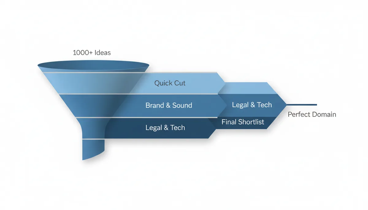 A funnel diagram illustrating the domain name filtering process. It starts wide with '1000+ Generated Ideas', narrows through 'Stage 1: The Quick Cut', 'Stage 2: Brand & Sound Test', 'Stage 3: Legal & Technical Audit', 'Stage 4: Final Shortlist', and ends at a narrow point labeled 'Your Perfect Domain'.