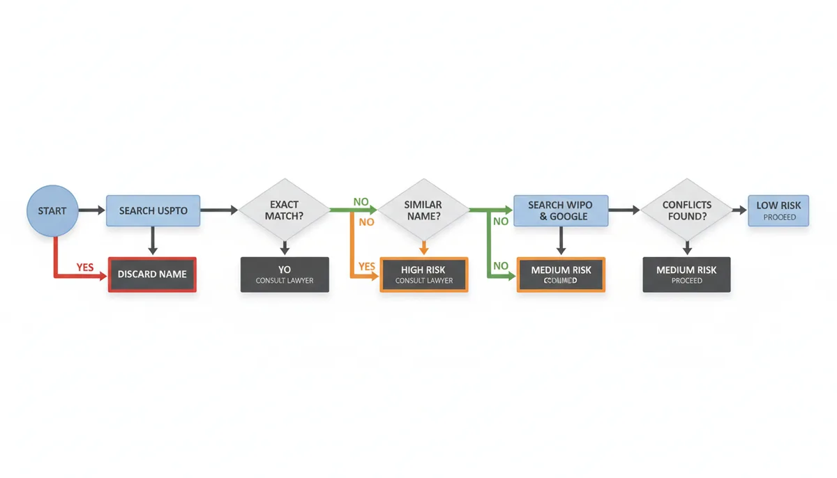 A decision tree flowchart illustrating the trademark search process. It starts, then checks USPTO TESS for exact matches. If found, the name is discarded. If not, it checks for similar names in the same industry. If similar, it's high risk. If not, it searches WIPO and Google for conflicts. If conflicts are found, it's medium risk; otherwise, it's low risk.