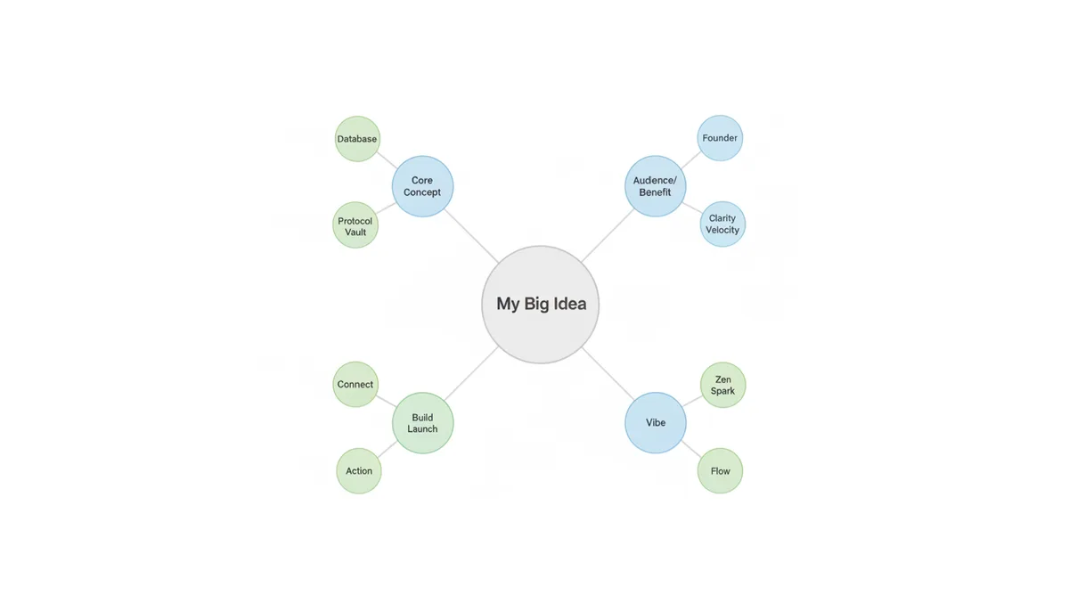 A diagram showing a central circle 'My Big Idea' branching out to four main categories: 'Core Concept' (with examples like Database, Protocol, Vault), 'Audience/Benefit' (with examples like Founder, Clarity, Velocity), 'Action' (with examples like Connect, Build, Launch), and 'Vibe' (with examples like Zen, Spark, Flow).