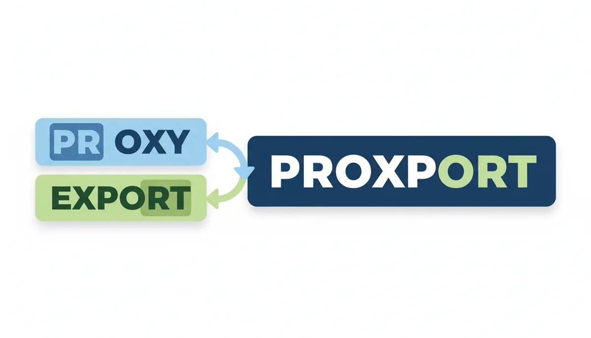 An illustration showing the word 'proxy' in a blue box and 'export' in a green box. Arrows indicate that the 'pro' from 'proxy' and the 'xport' from 'export' are combined to form 'proxport' in a larger blue box.