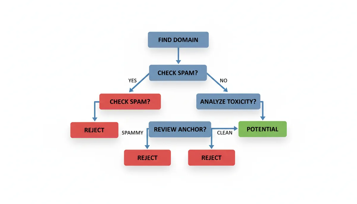 A flowchart showing the process of vetting an expired domain's SEO history. It starts with 'Find Domain', then proceeds through 'Check Wayback Machine for Spam?', 'Analyze Backlink Profile for Toxicity?', and 'Review Anchor Text Distribution?'. 'Yes' or 'Spammy' answers lead to 'Reject', while 'No' or 'Clean' answers lead to 'Potential Candidate'.