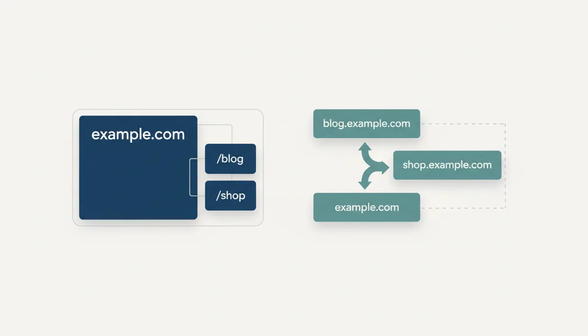 A diagram comparing site structures. On the left, a single large box for 'example.com' contains nested boxes for '/blog' and '/shop', representing subfolders. On the right, three separate boxes show 'blog.example.com', 'shop.example.com', and 'example.com', representing subdomains with divided authority.