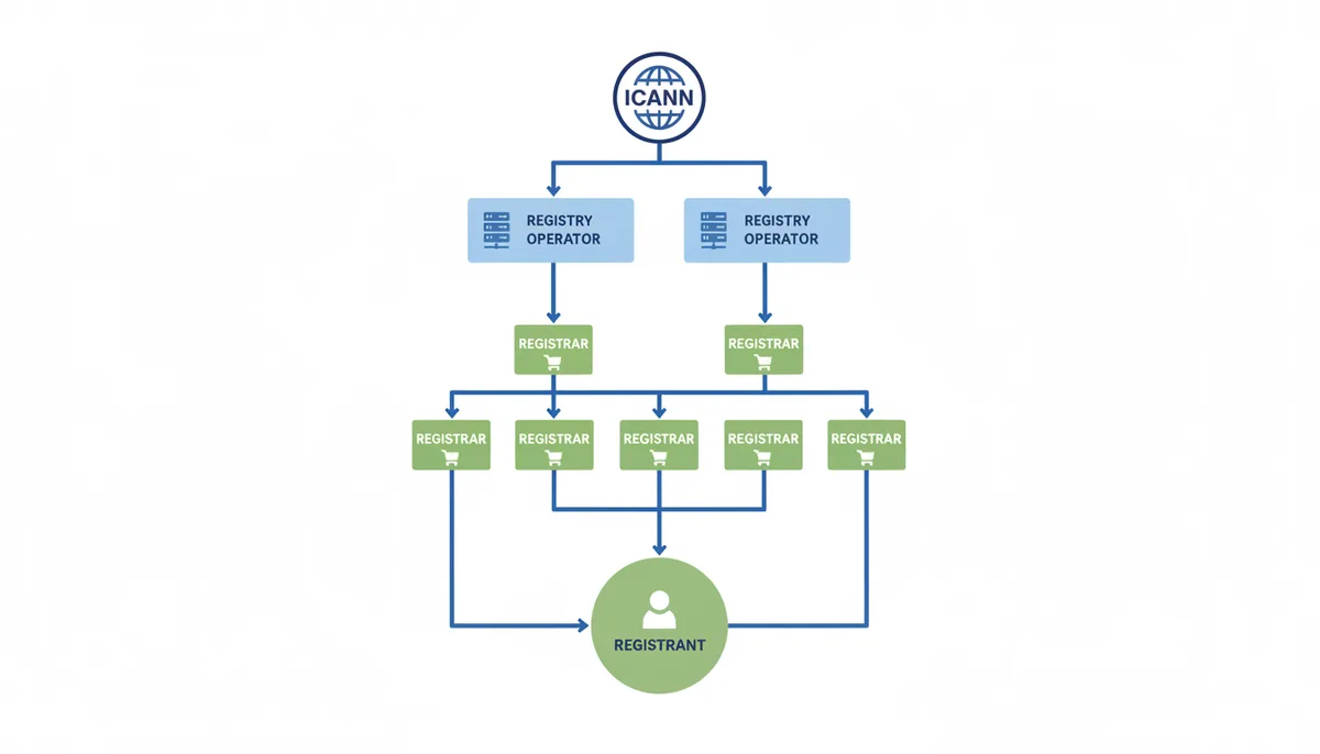 A hierarchical flowchart. ICANN is at the top, branching to Registry Operators. Registry Operators branch to Registrars. Registrars connect to the Registrant at the bottom, illustrating the flow of authority and service in the domain name system.