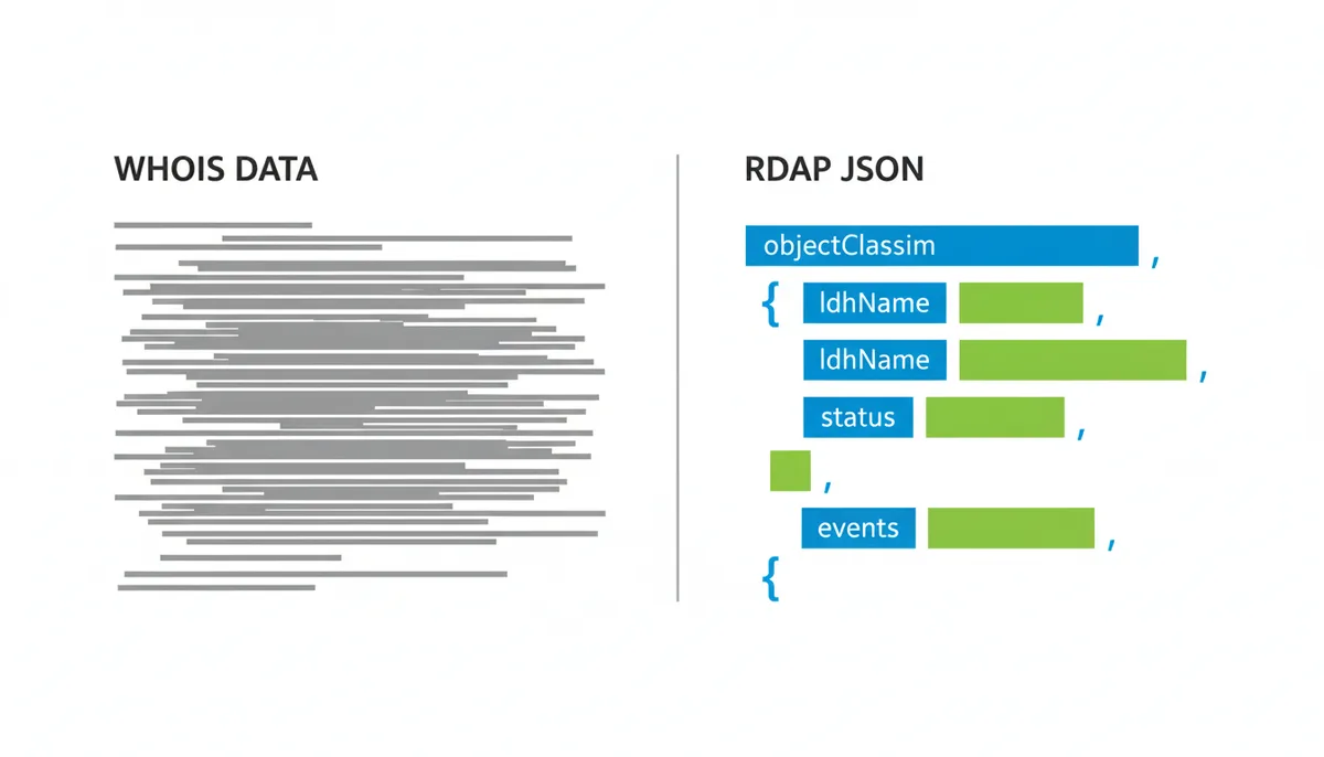 A side-by-side comparison. On the left, a chaotic block of unstructured text represents WHOIS data. On the right, a neatly organized, color-coded block with clear sections represents RDAP JSON data, highlighting its structured nature.