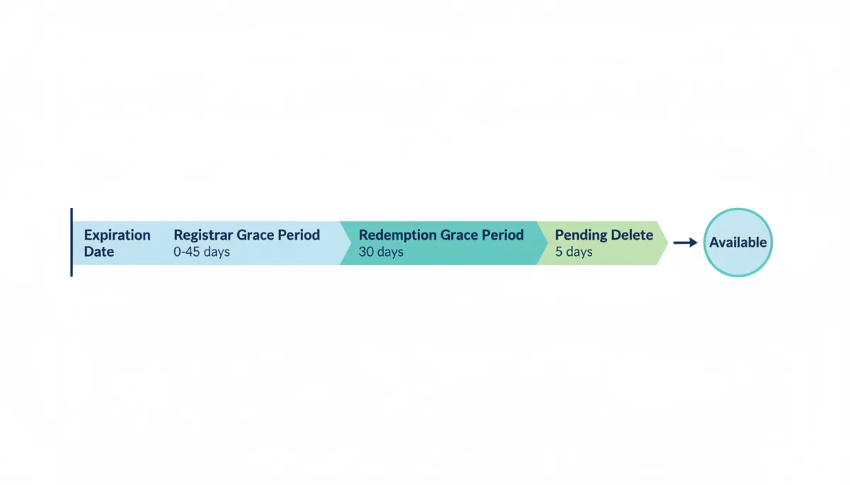 A linear timeline diagram illustrating the domain lifecycle after expiration. It shows 'Expiration Date', followed by a 'Registrar Grace Period' (0-45 days), then a 'Redemption Grace Period' (30 days), and finally 'Pending Delete' (5 days), leading to the domain becoming 'Available'.