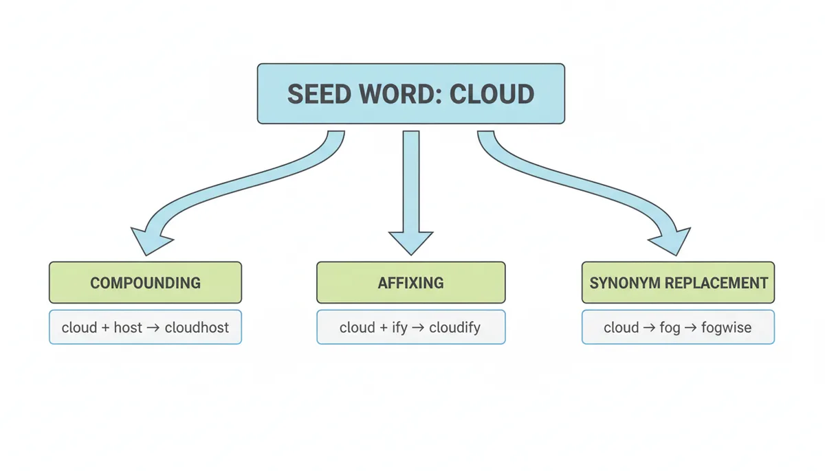 A flowchart illustrating how a seed word 'cloud' is processed. It branches into three operations: Compounding (cloud + host → cloudhost), Affixing (cloud + ify → cloudify), and Synonym Replacement (cloud → fog → fogwise).