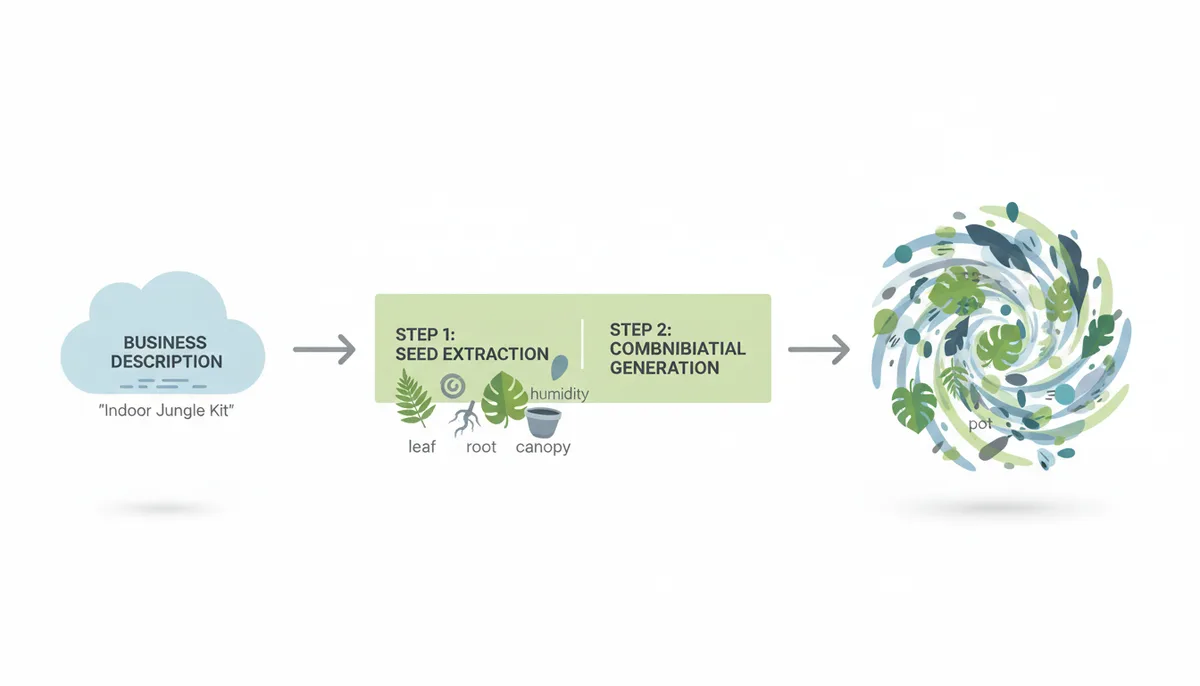 A visual pipeline showing the process from a 'Business Description' thought bubble, through 'Step 1: Seed Extraction' (represented by individual plant and abstract icons like 'fern', 'jungle', 'leaf'), and finally to 'Step 2: Combinatorial Generation' (represented by a swirling mix of these icons).