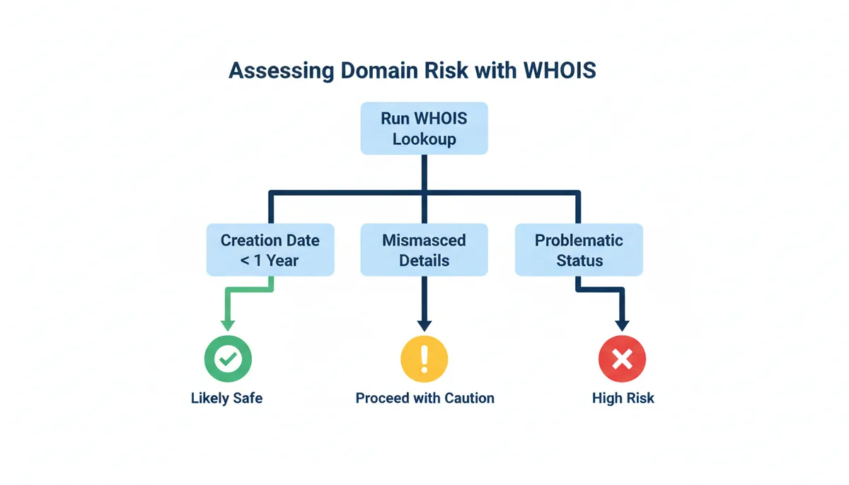 A decision tree diagram illustrating how to assess domain risk using WHOIS data, branching from 'Run WHOIS Lookup' through checks for creation date, registrant details, and status codes to outcomes of 'Likely Safe', 'Proceed with Caution', or 'High Risk - Walk Away'.