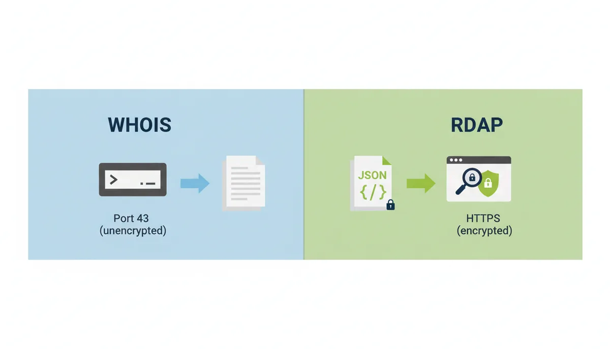 A split diagram. On the left, 'WHOIS' shows a terminal icon and plain text document with an unencrypted connection. On the right, 'RDAP' shows a secure browser icon and a structured JSON document with an encrypted HTTPS connection and a lock icon, highlighting the security and structure differences.